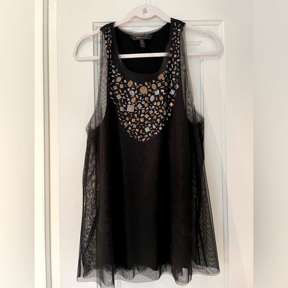 BCBG sleeveless mesh / metallic party top